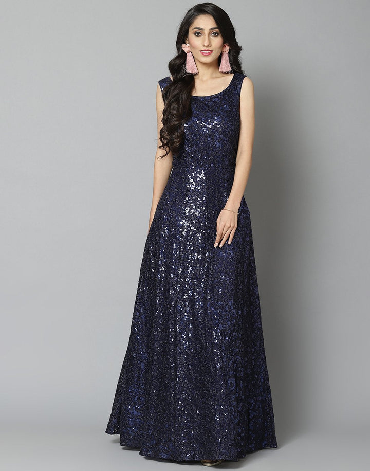 Navy Blue Net Long Dress