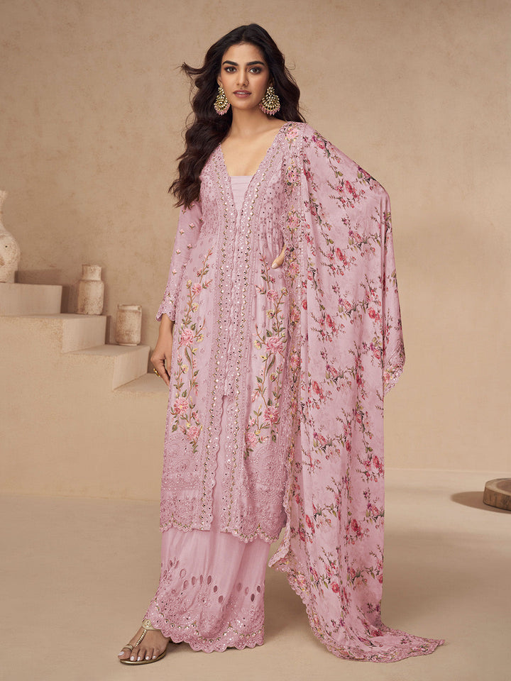 Embroidered Chinon Silk Kurta With Plazzo &amp; Dupatta