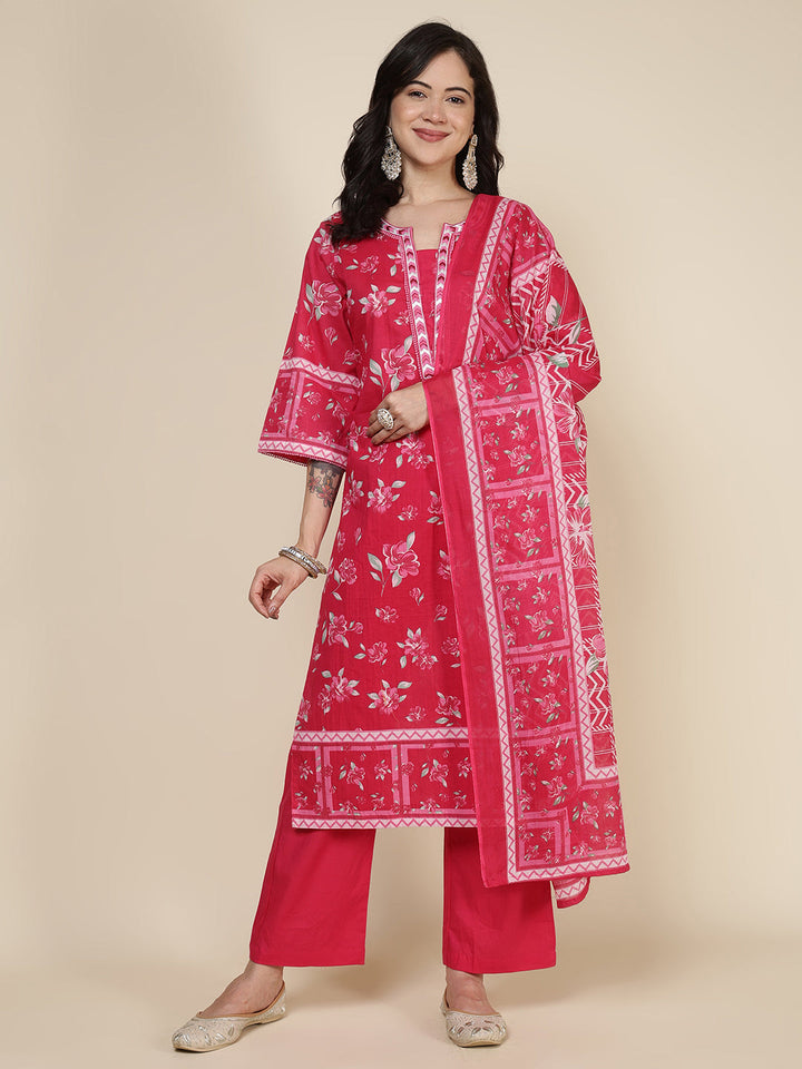 Printed Cotton Blend Kurta With Pants &amp; Dupatta