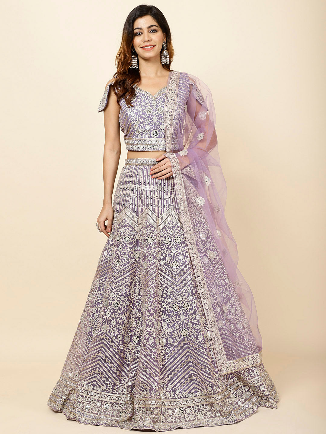 Zari Embroidered Net Choli With Lehenga & Dupatta