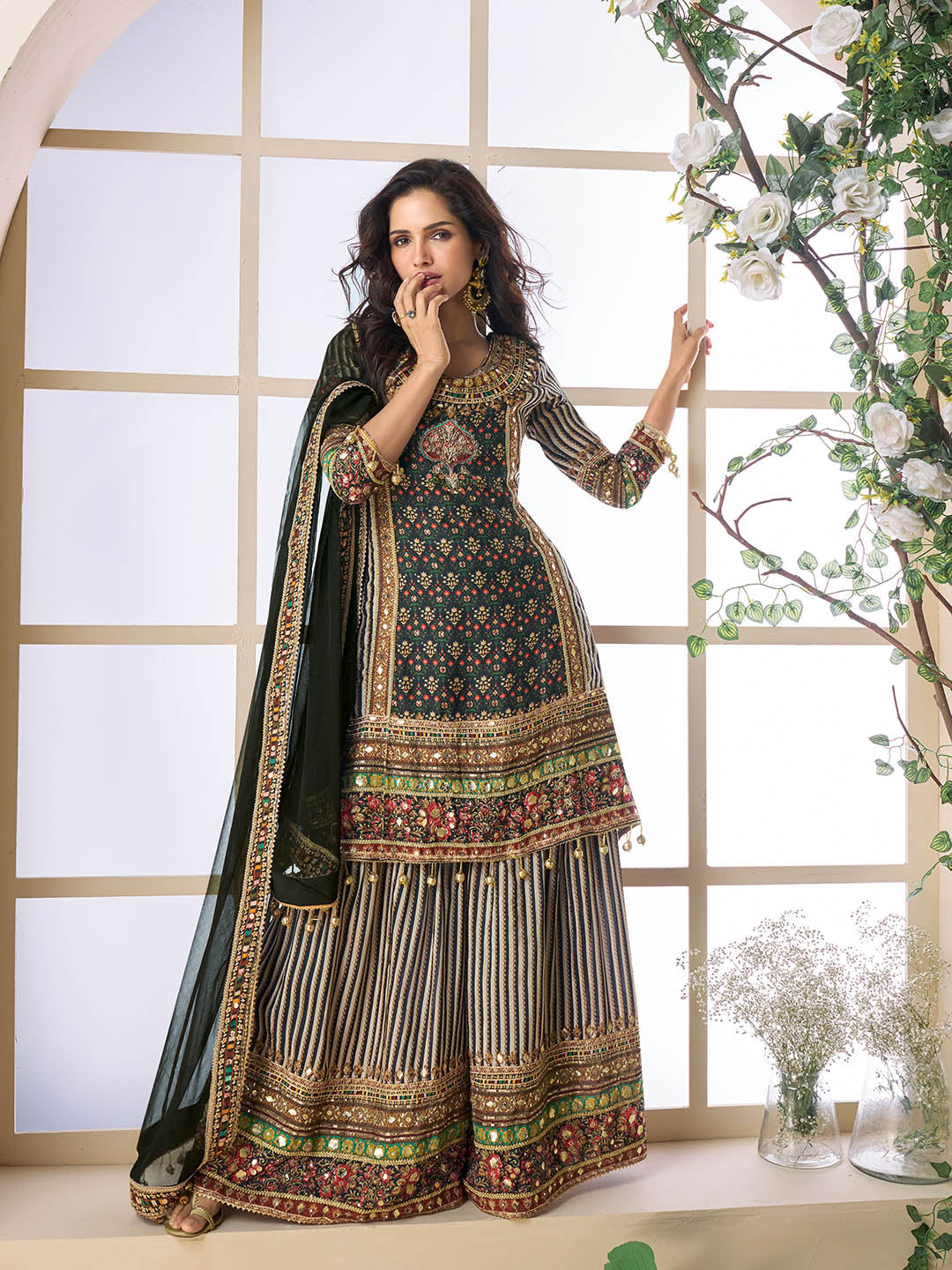 Embroidered Crepe Suit With Pant &amp; Dupatta