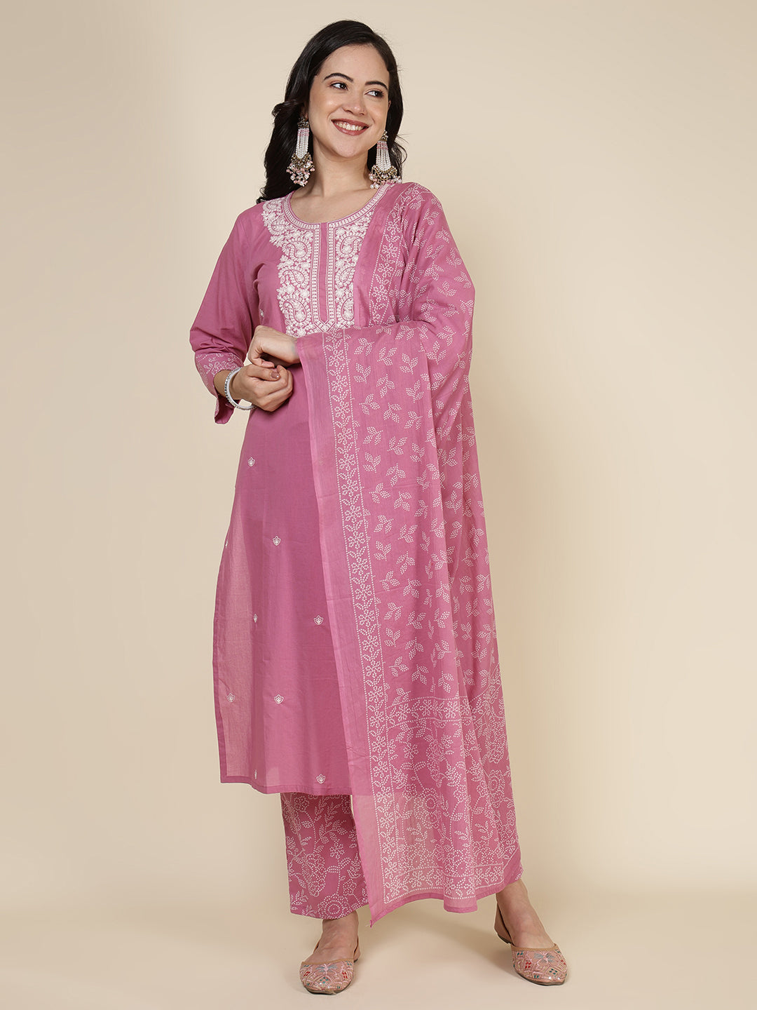 Embroidered Cotton Blend Kurta With Pants &amp; Dupatta