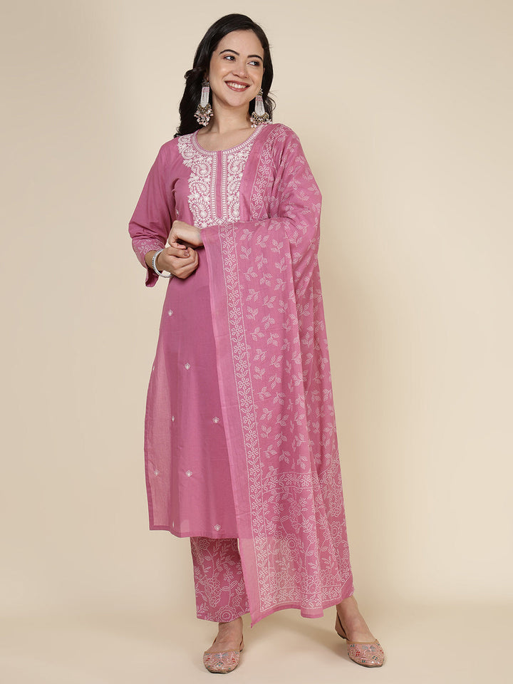 Embroidered Cotton Blend Kurta With Pants &amp; Dupatta