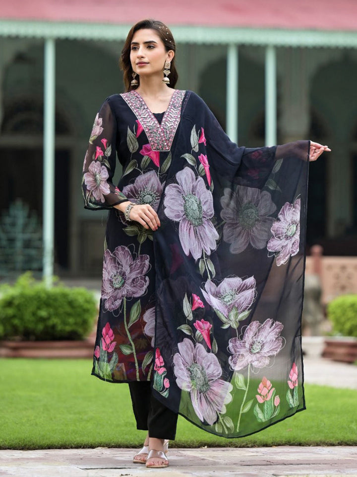 Printed Georgette Kurta With Pants &amp; Dupatta