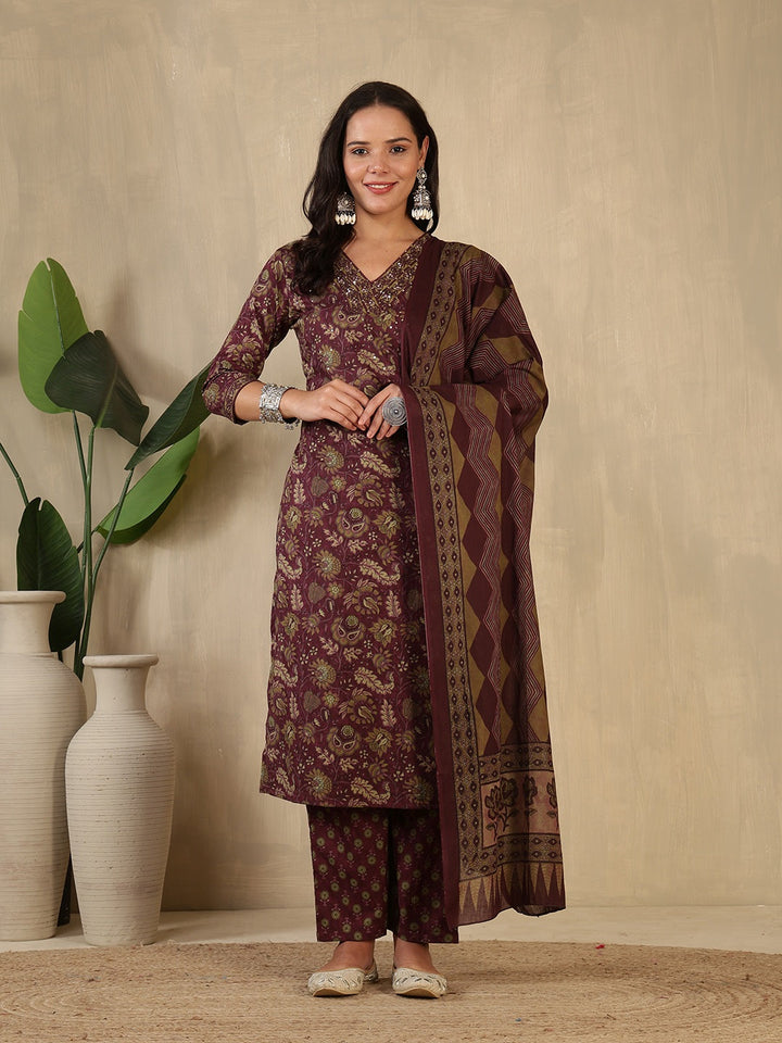 Printed Cotton Blend Suit With Pant &amp; Dupatta