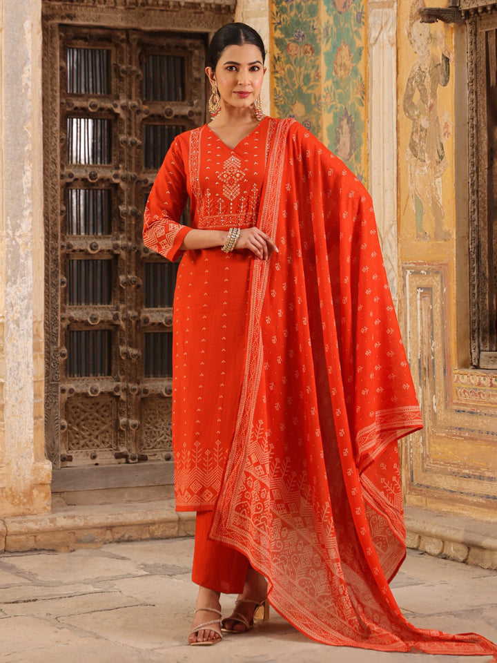 Red Cotton Blend Printed Straight Suit Set