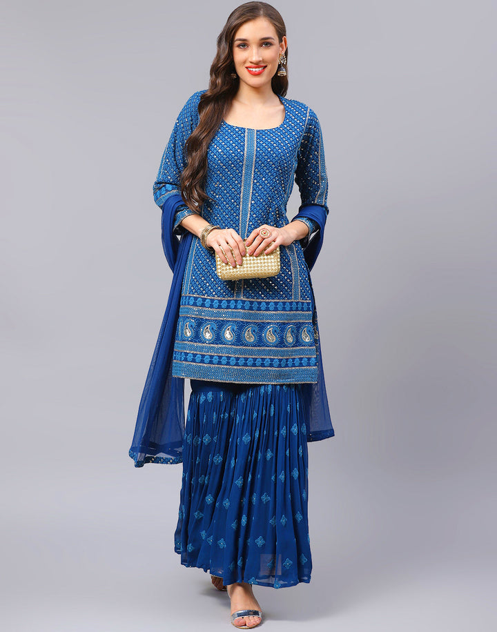 Sequin Georgette Kurti With Sharara &amp; Net Dupatta