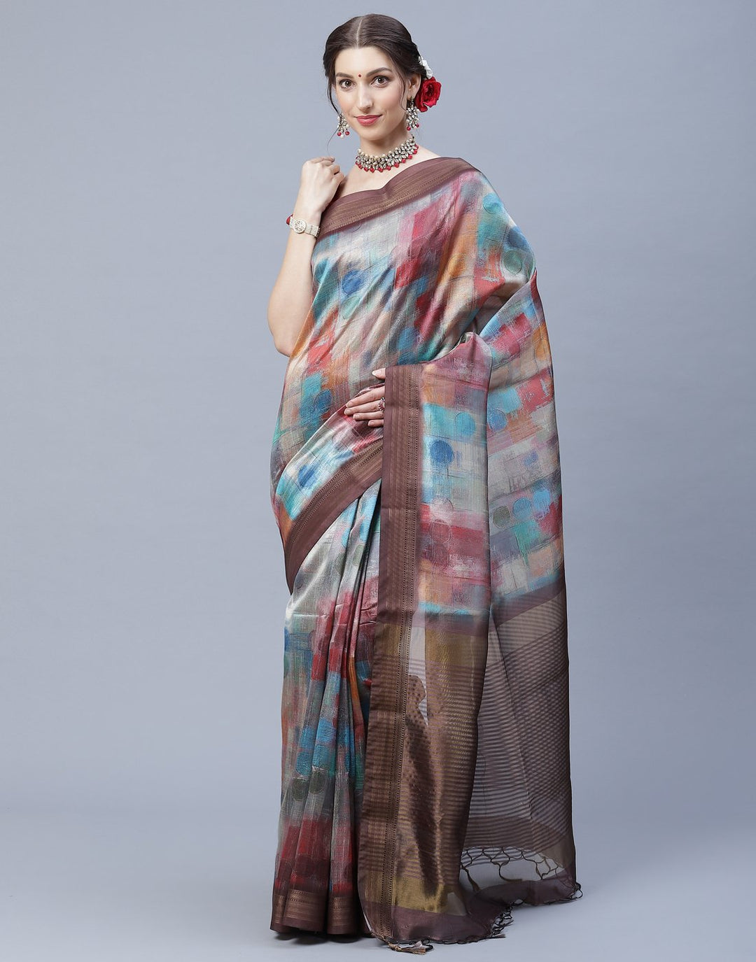 Beautiful  Multi Colored  Printed Cotton Chanderi Saree