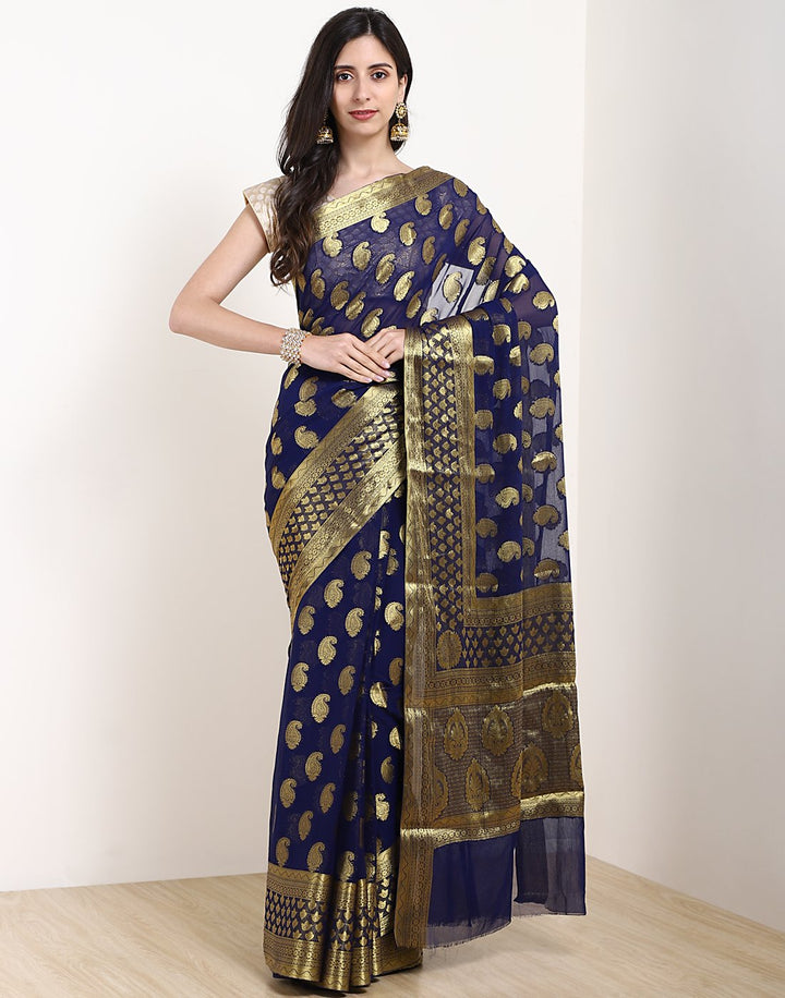 Navy Blue Art Chiffon Saree