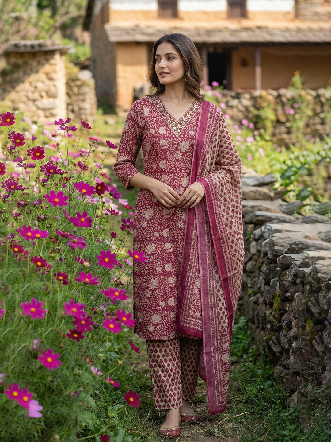 Printed Cotton Blend Kurta With Pant &amp; Dupatta