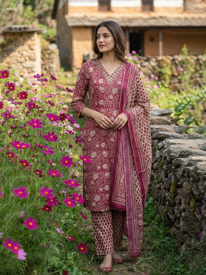Printed Cotton Blend Kurta With Pant &amp; Dupatta
