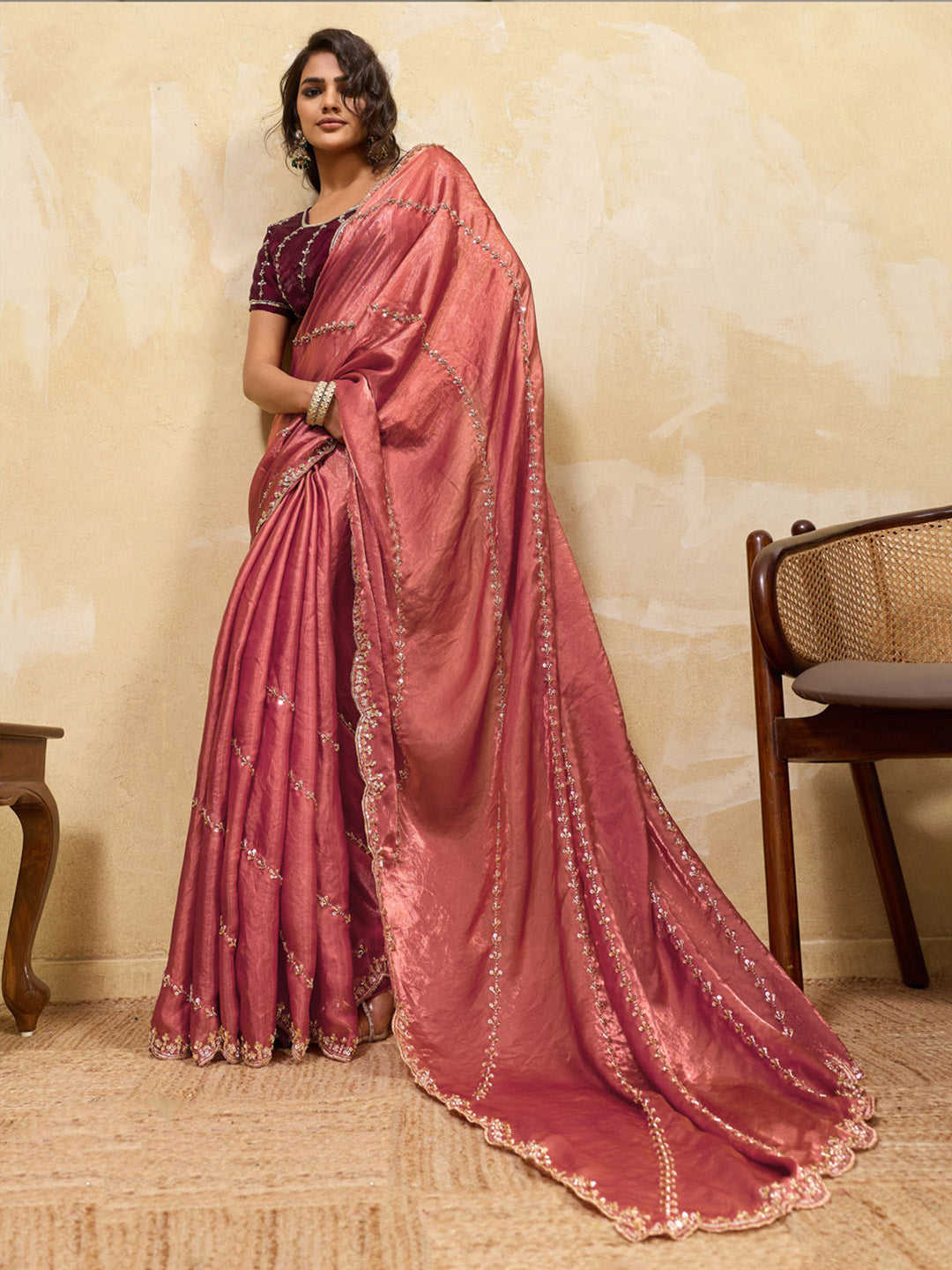 Embroidered Satin Velvet Saree