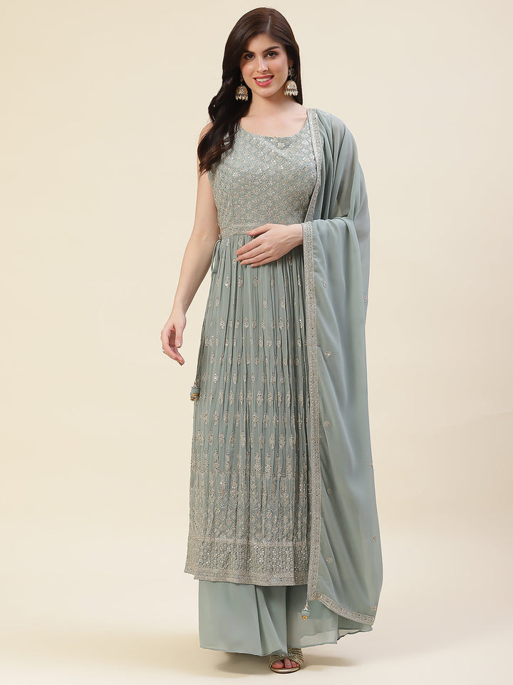 Sequin Embroidered Georgette Kurta With Palazzo &amp; Dupatta