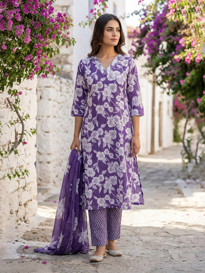 Printed Cotton Blend Suit With Pant &amp; Dupatta