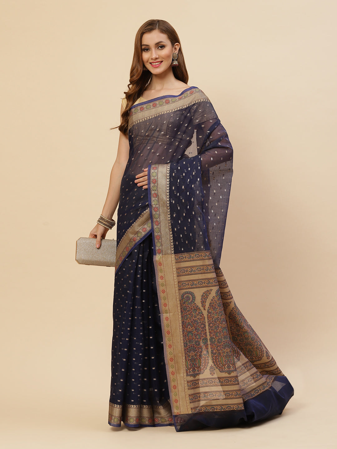 Zari Border Booti Printed Cotton Saree