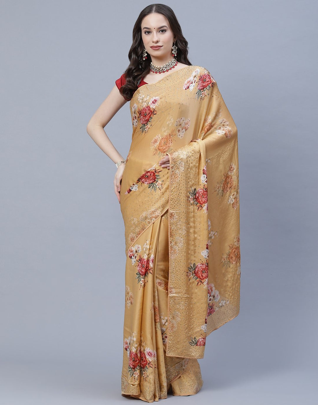 Digital Floral Printed Crepe Saree with Stone Work