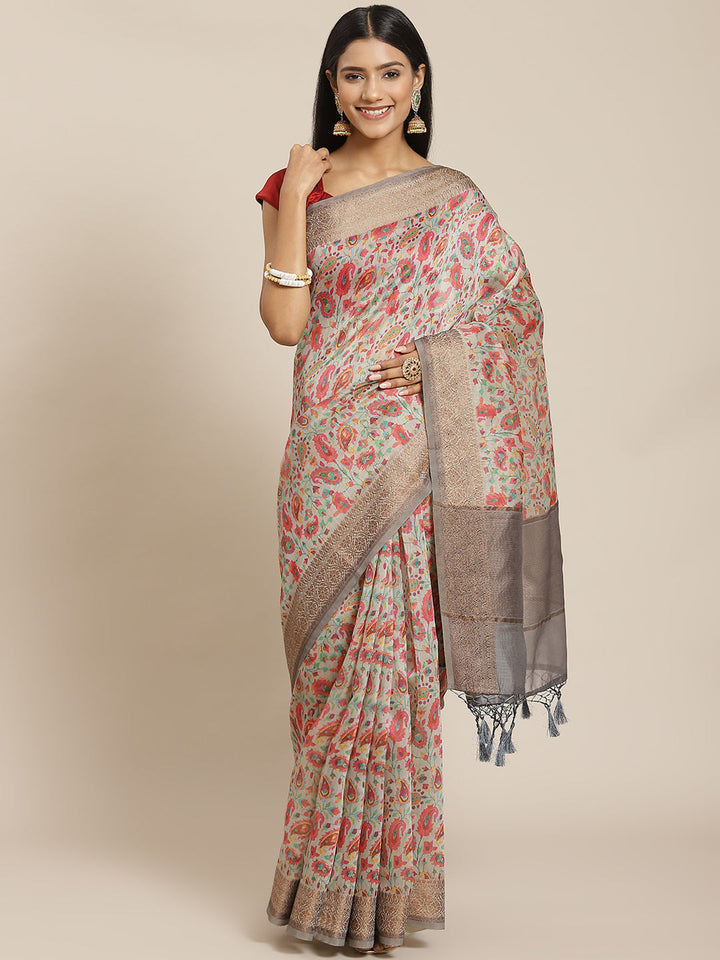 Printed Banarasi Border Pallu Cotton Saree