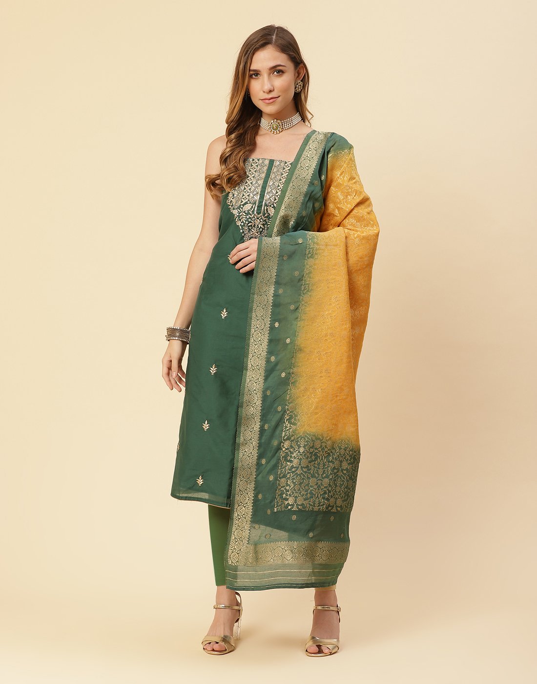 Embroidered Chanderi Suit Piece With Chanderi Banarasi Dupatta