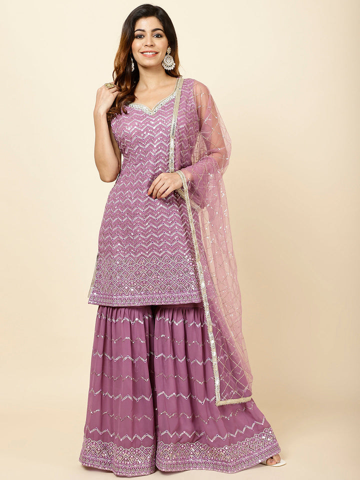 Embroidered Georgette Kurta With Garara &amp; Dupatta