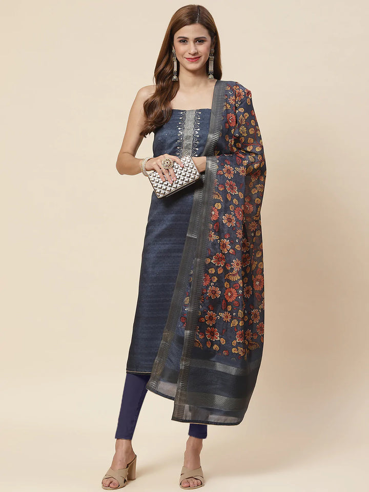 Neck Embroidered Chanderi Unstitched Suit Piece With Dupatta