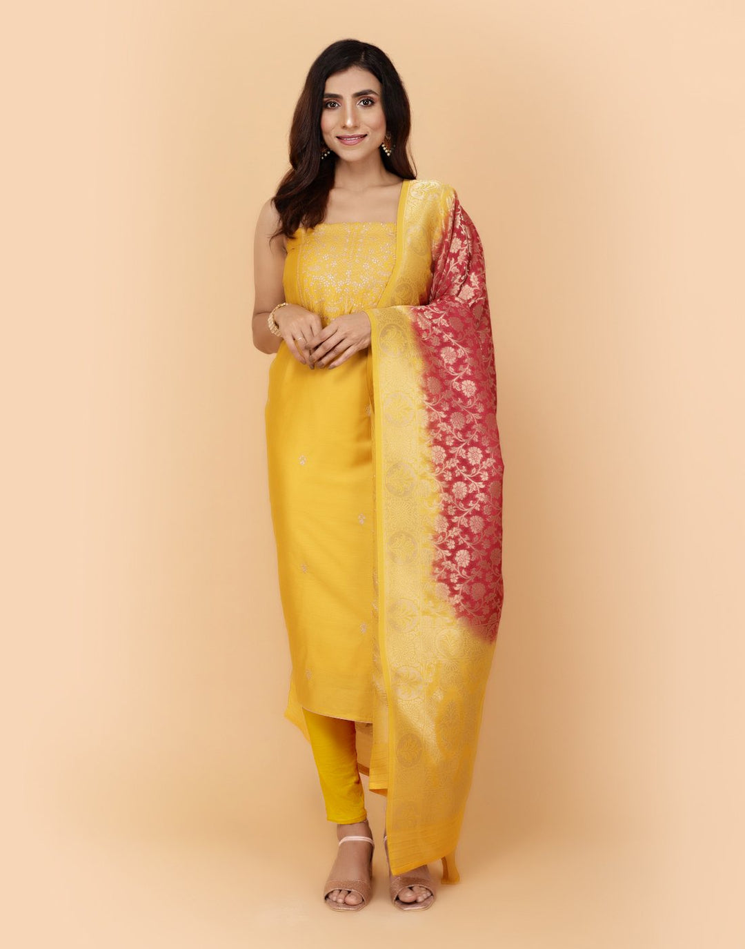 Embroidered Art Handloom Dupion Suit Piece With Banarasi Dupatta