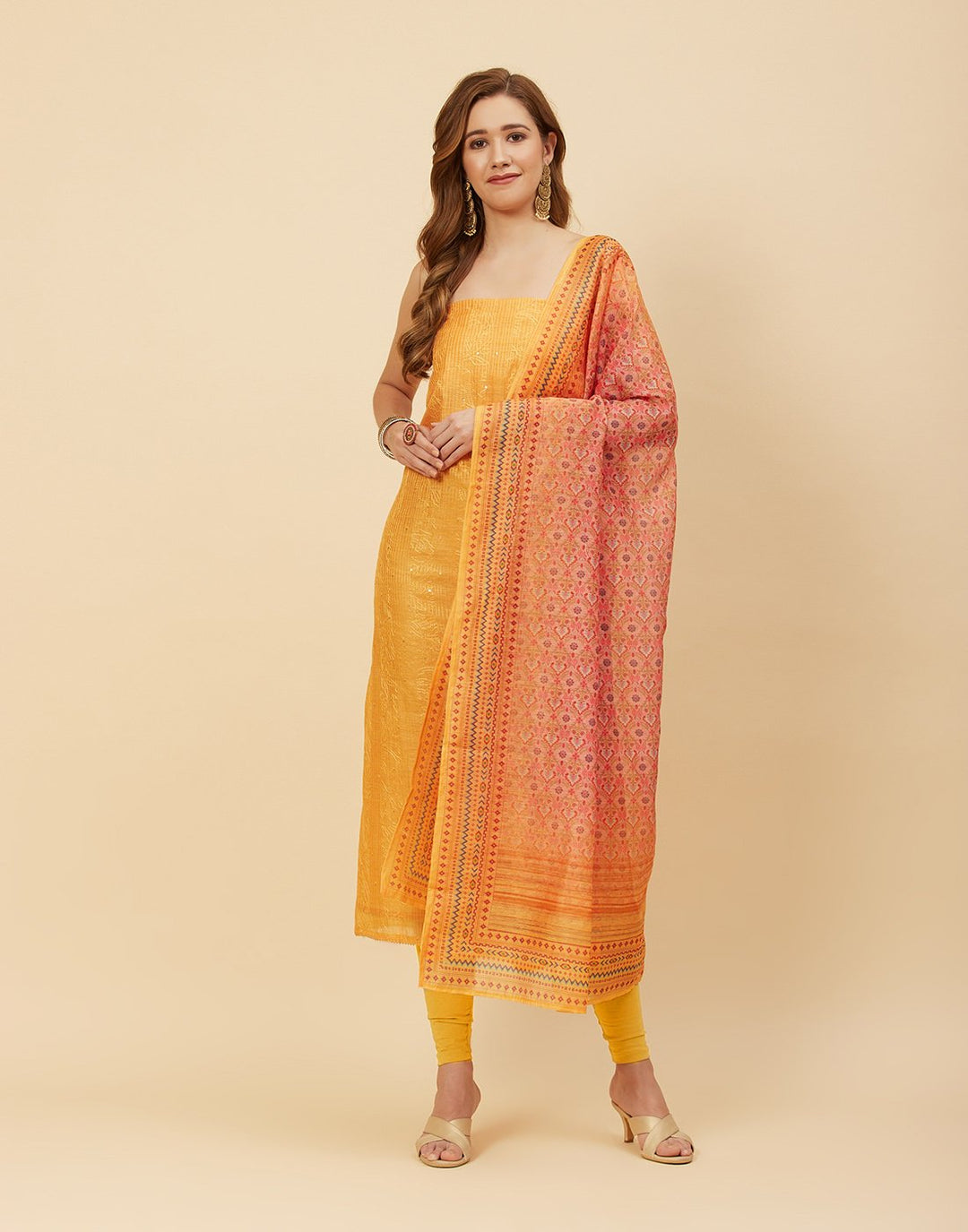 Embroidered Chanderi Suit Piece With Printed Chanderi Dupatta