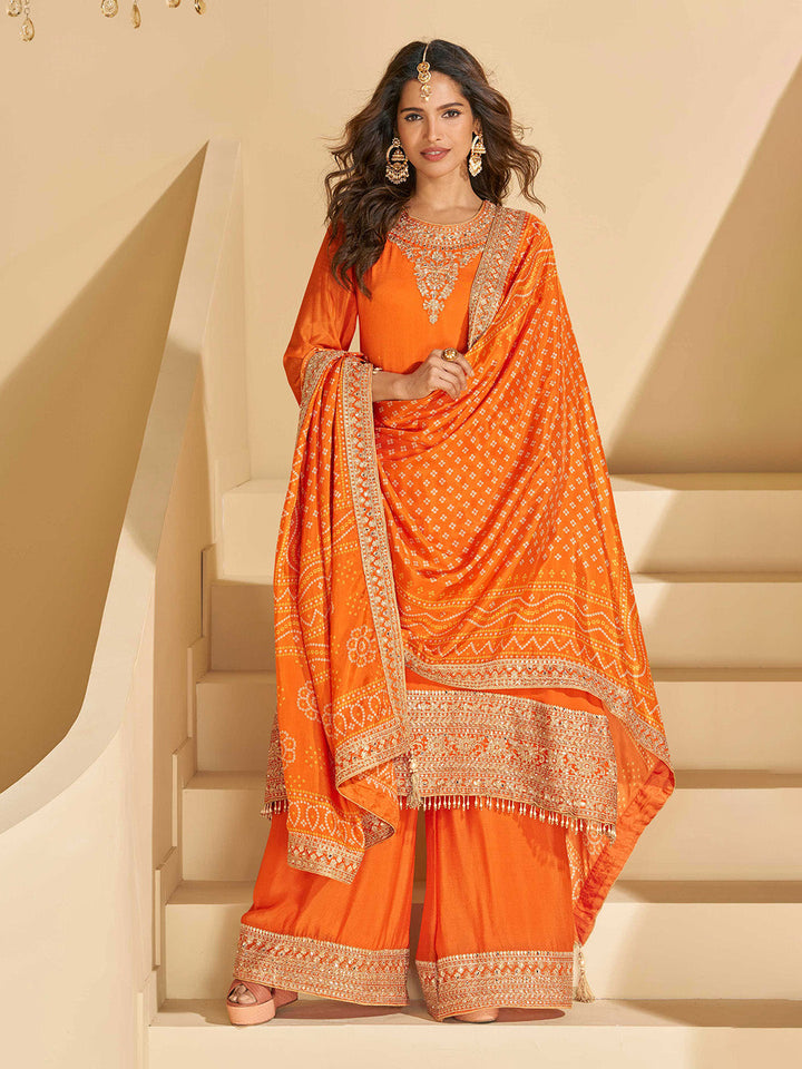 Embroidered Chinon Suit With Pant &amp; Dupatta