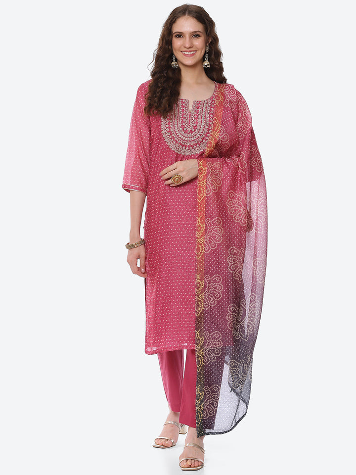 Zari Neck Embroidered Chanderi Kurta With Pant &amp; Dupatta