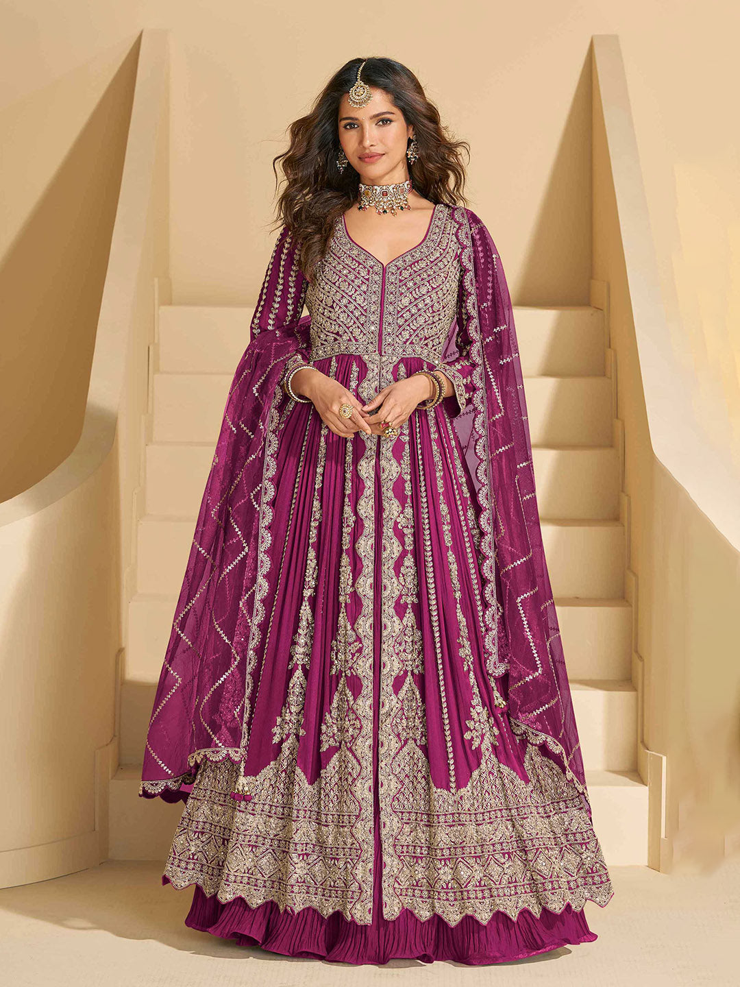 Embroidered Chinon Kurta With Plazzo &amp; Dupatta