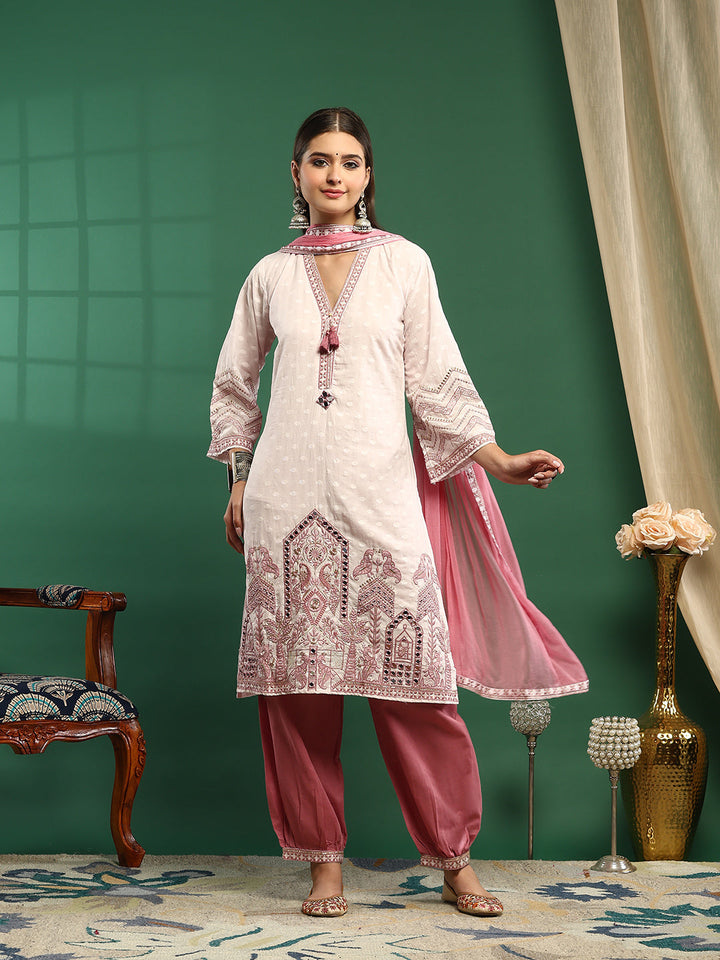 Embroidered Cotton Blend Kurta With Pant &amp; Dupatta