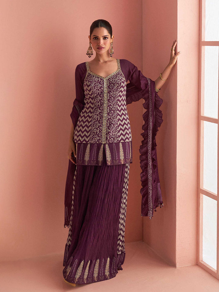 Embroidered Chinon Kurti With Gharara &amp; Dupatta