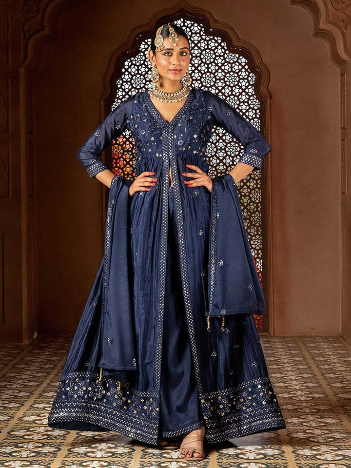 Intricate Embroidery Chinon Suit With Pant &amp; Dupatta