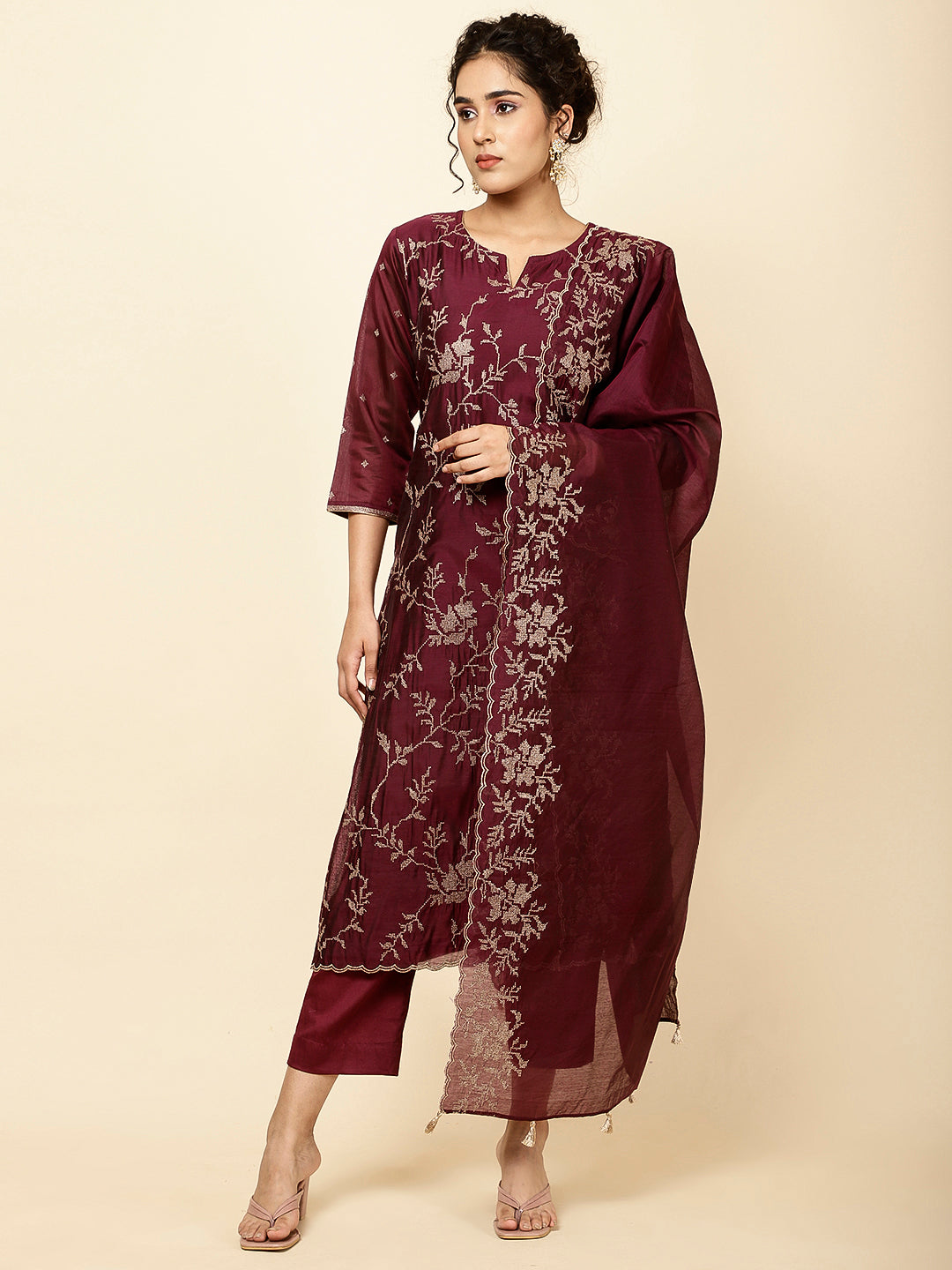 Embroidered Cotton Kurta With Pants &amp; Dupatta