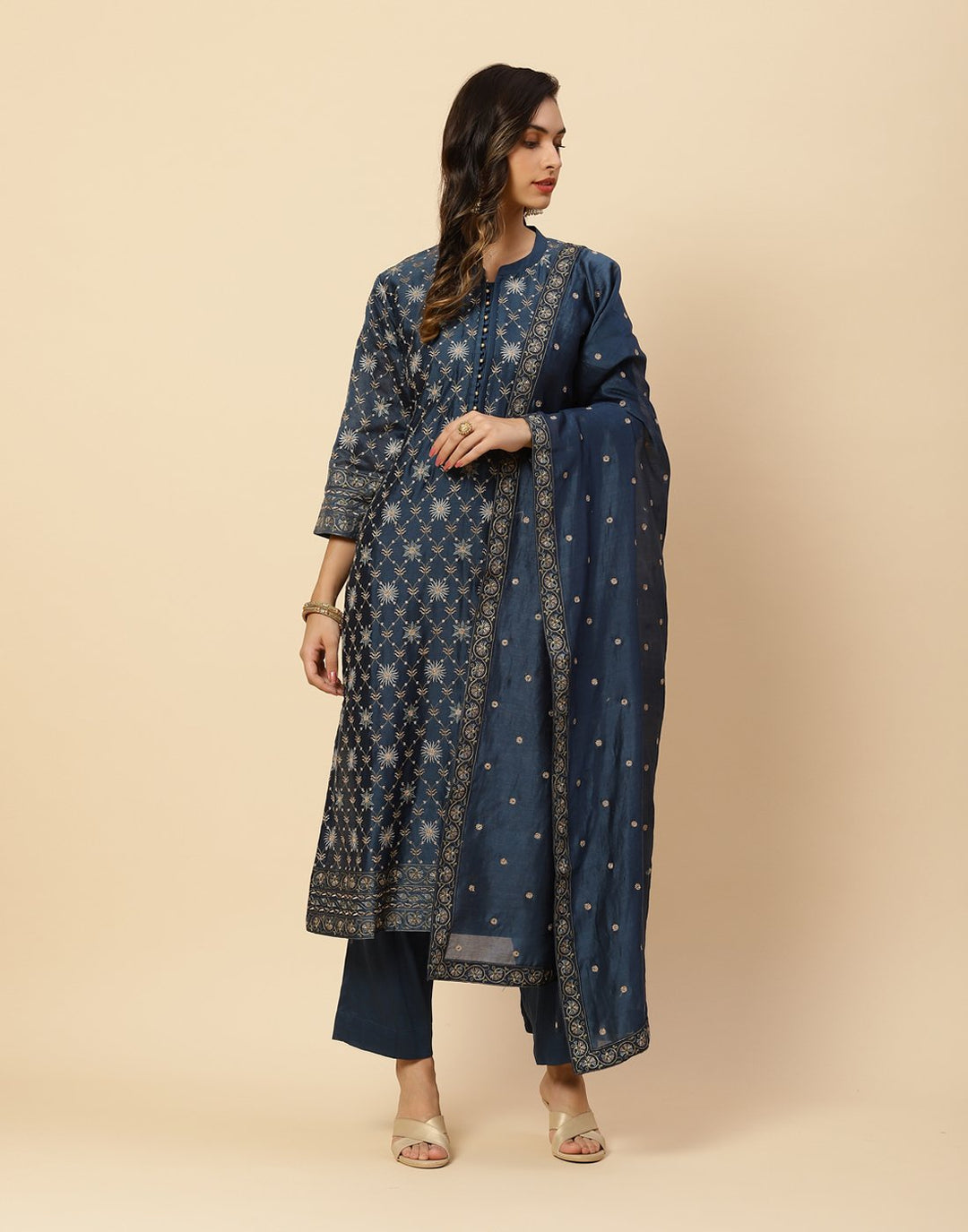 Resham Jaal Embroidered Cotton Chanderi Salwar Kameez Stitched Suit With Chanderi Dupatta