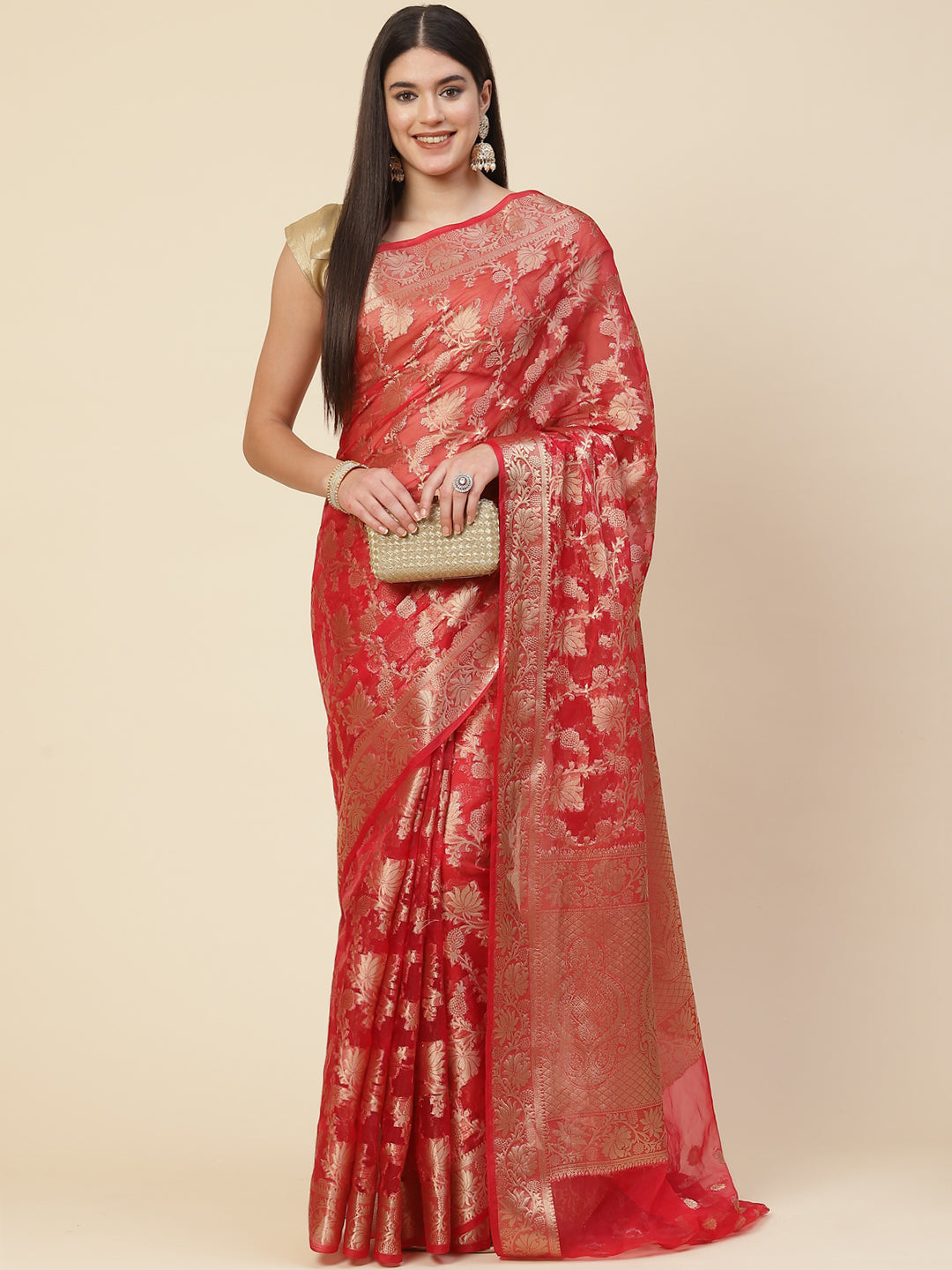 Floral Zari Jaal Organza Woven Saree