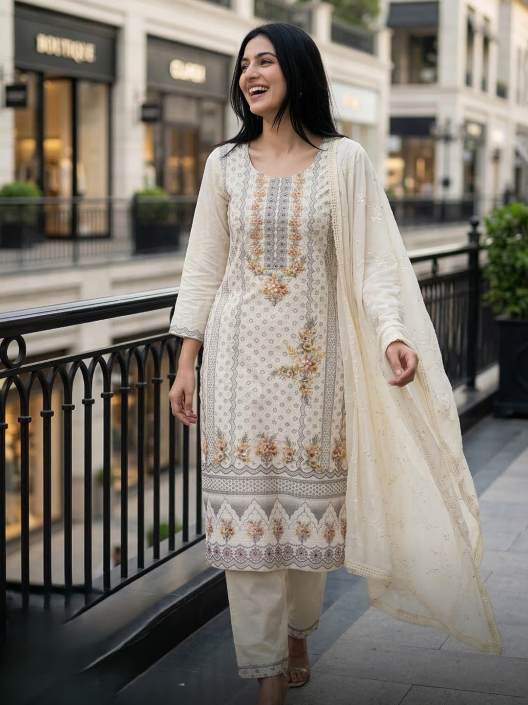 Embroidered Cotton Blend Kurta With Pant &amp; Dupatta