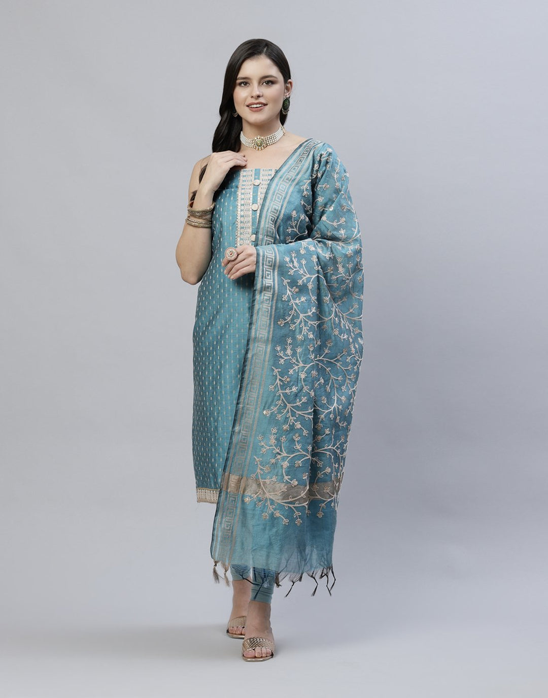 Chanderi Suit Piece With Embroidered Dupatta