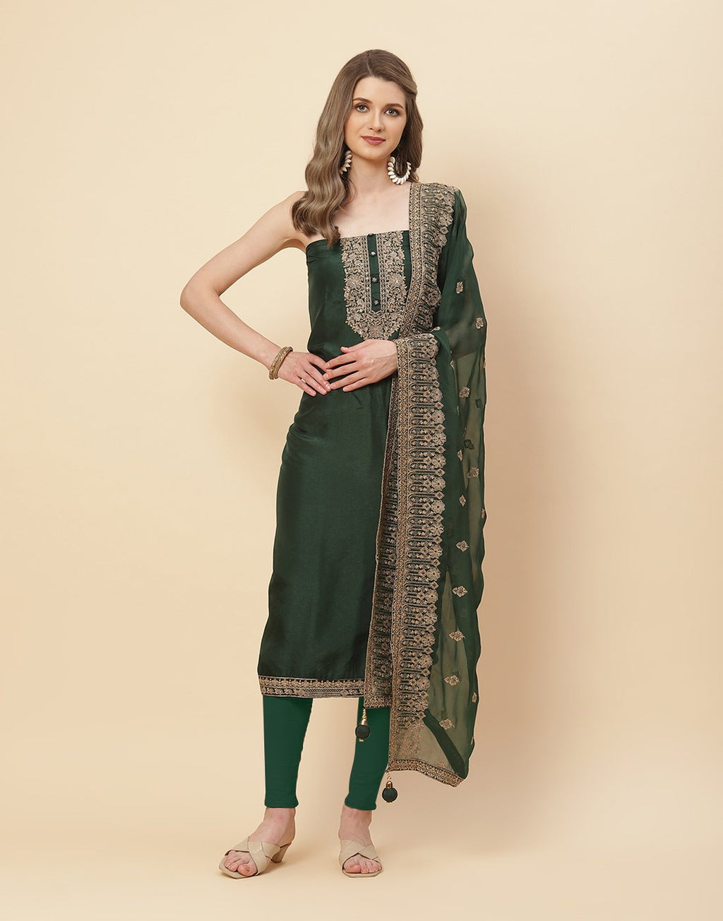 Embroidered Art Handloom Dupion Suit Piece with Chanderi Dupatta
