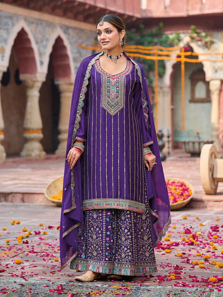 Embroidered Chinon Kurta With Plazzo &amp; Dupatta