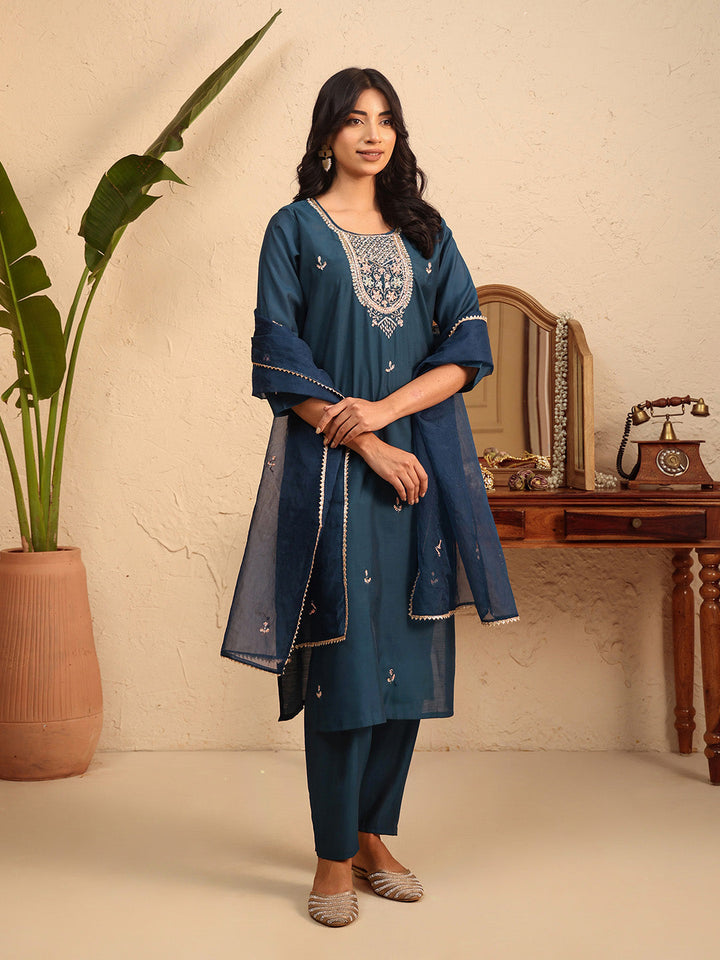 Embroidered Cotton Kurta With Pant &amp; Dupatta