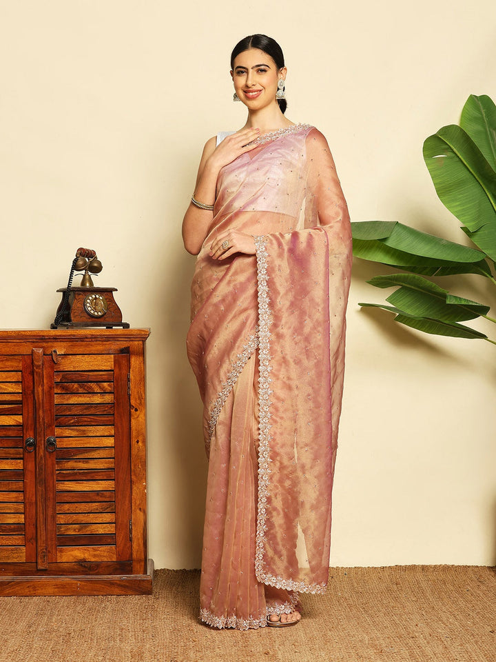 Cut Work &amp; Stone Embellished Tissue Saree