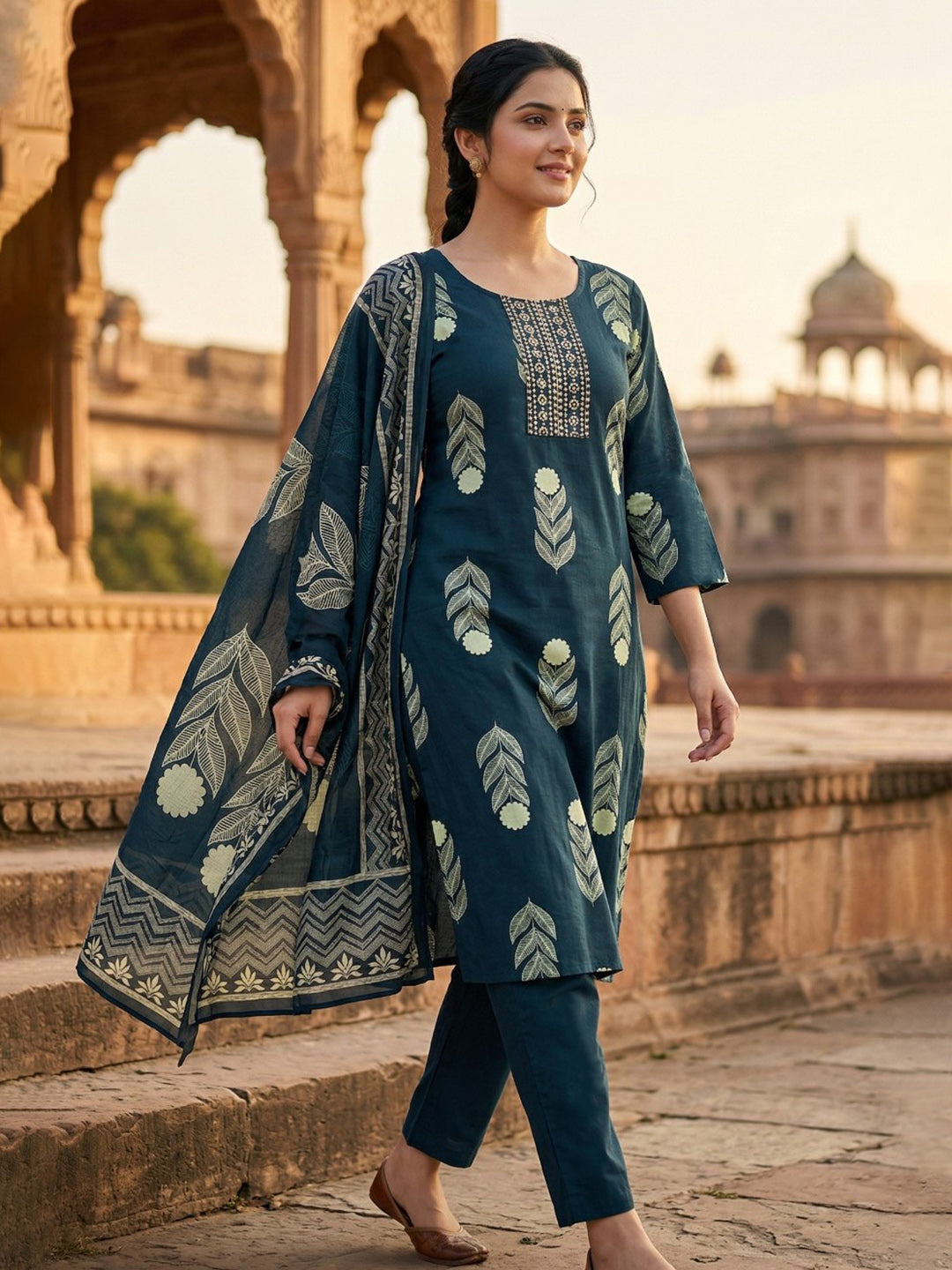 Embroidered Cotton Blend Kurta With Pant &amp; Dupatta