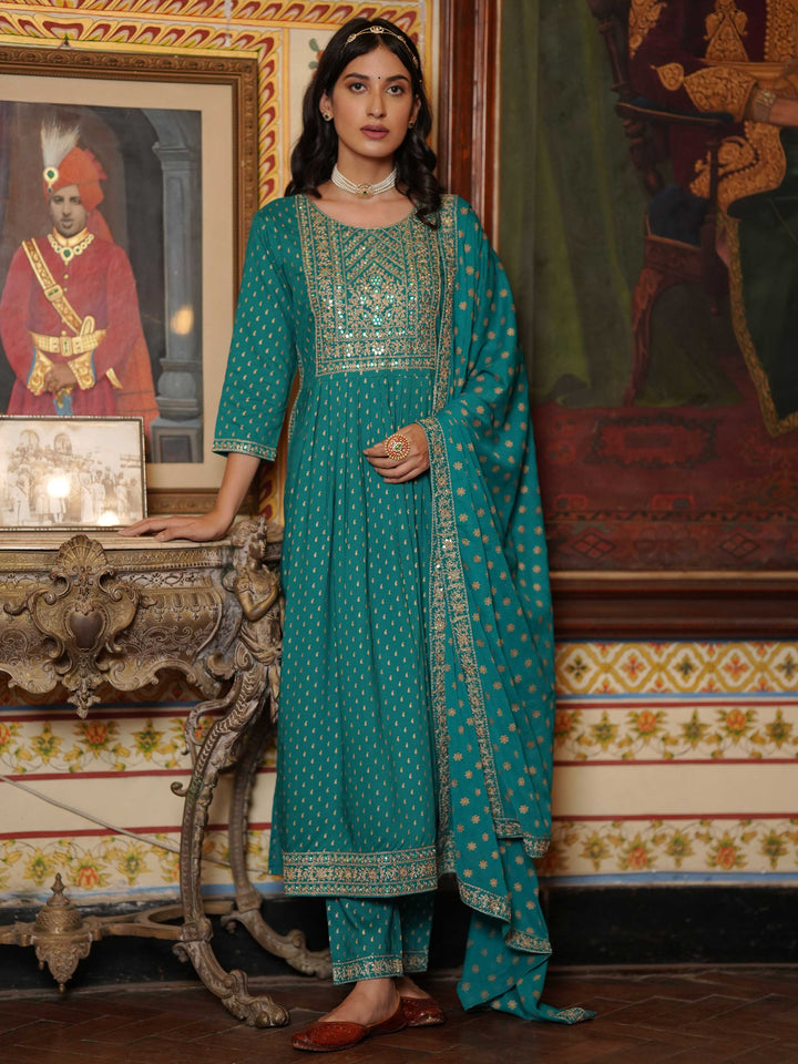 Neck Embroidered Cotton Kurta With Palazzo &amp; Dupatta