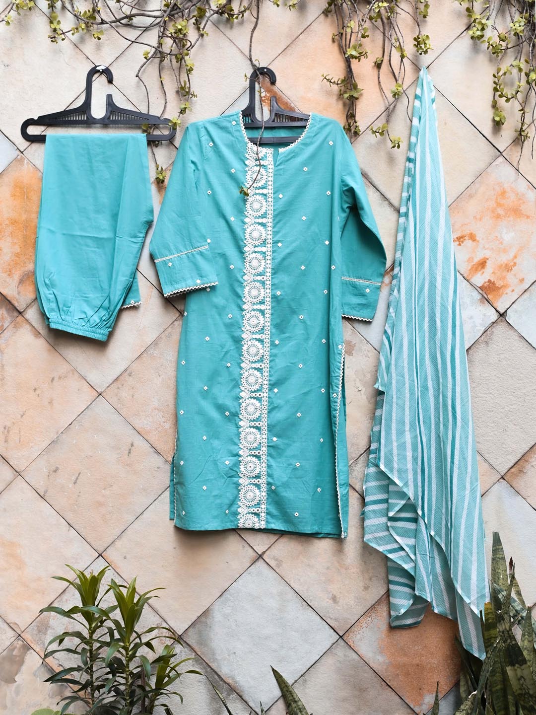 Embroidered Cotton Kurta With Pants &amp; Dupatta