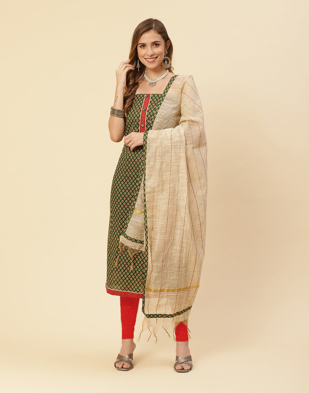 Printed Cotton Suit Piece With Kantha Work