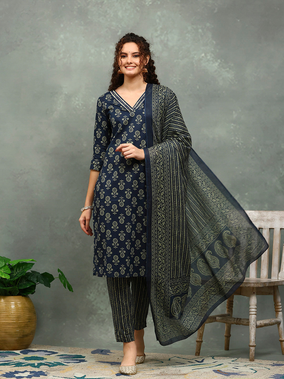 Printed Cotton Blend Kurta With Pants &amp; Dupatta