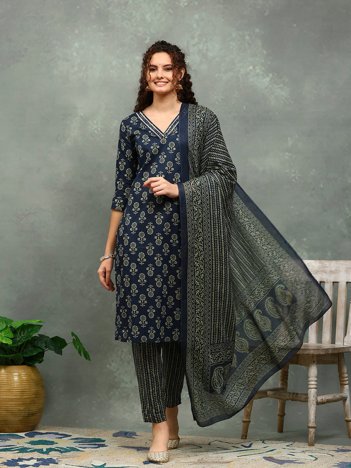 Printed Cotton Blend Kurta With Pants &amp; Dupatta