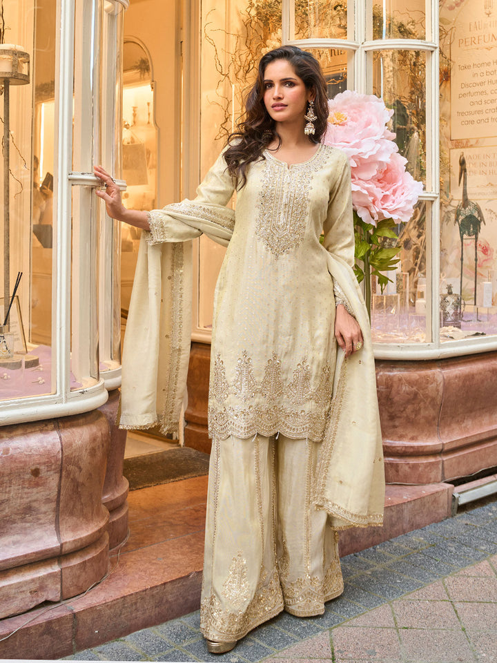 Embroidered Art Silk Suit With Plazzo &amp; Dupatta