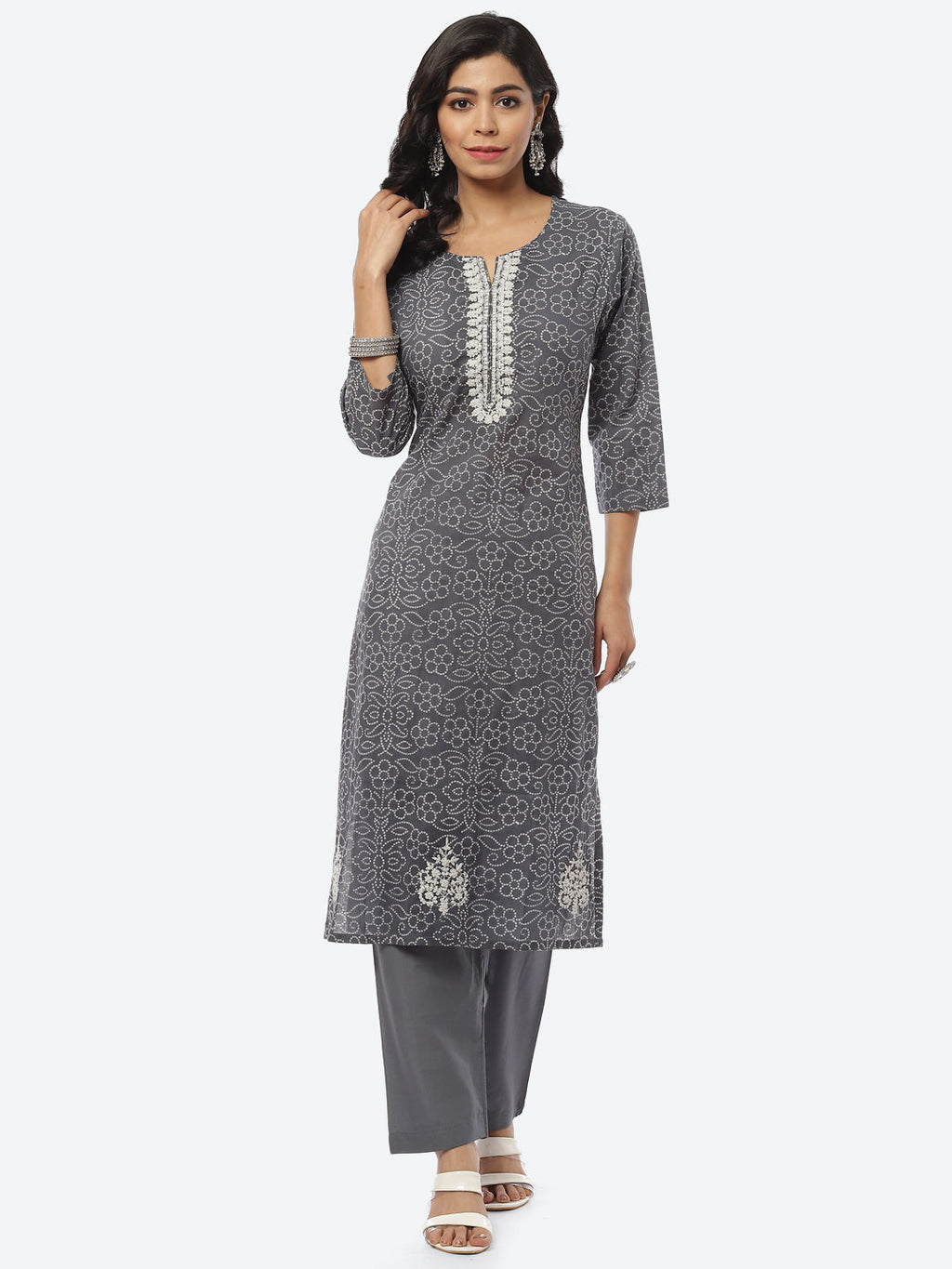 Printed Zari Neck Cotton Kurti With Pant