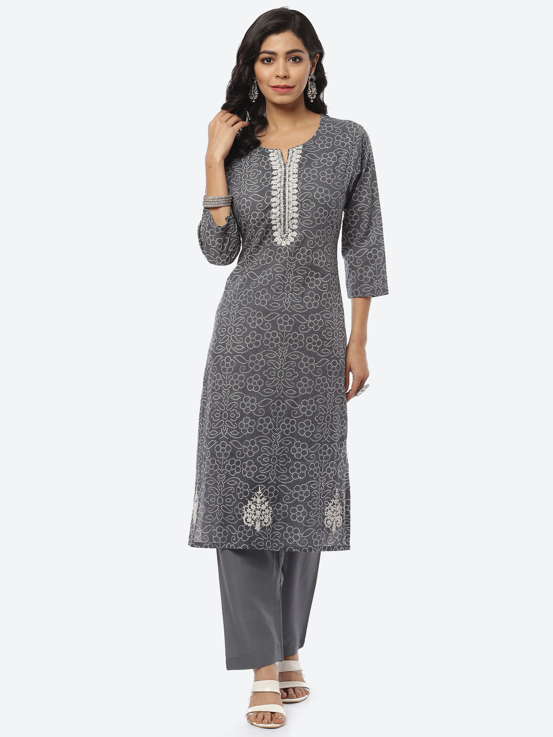 Printed Zari Neck Cotton Kurti With Pant
